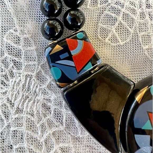 Vintage 80’s Japanese Black Lacquer Geometric Design Necklace - Picture 5 of 9